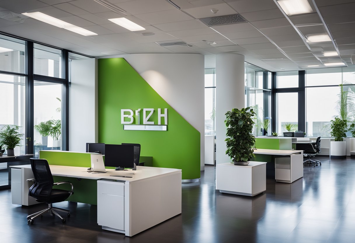A modern office space with sleek furniture, vibrant accent colors, and a welcoming reception area. Clean lines and open spaces create a professional yet inviting atmosphere for clients and employees