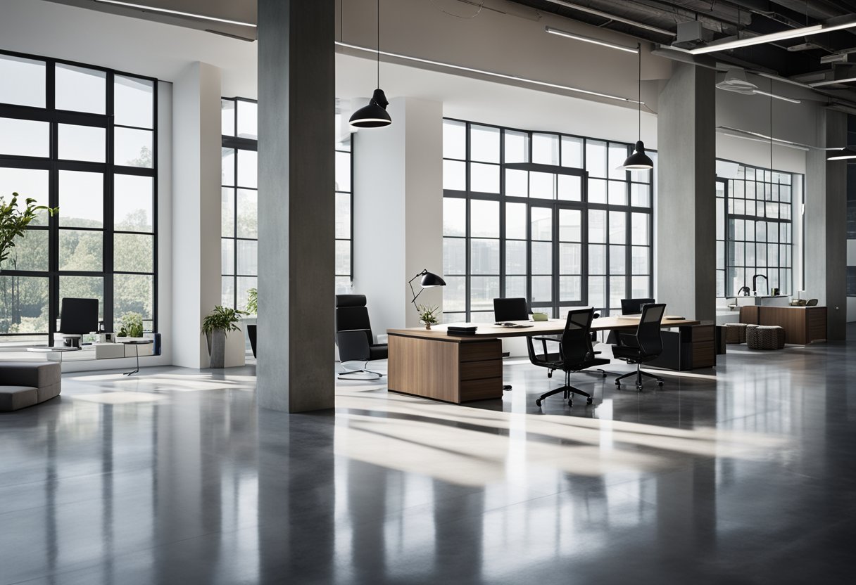 A sleek, minimalist office space with polished concrete floors, exposed ductwork, and large windows letting in natural light. A mix of modern and industrial elements create a clean and functional design