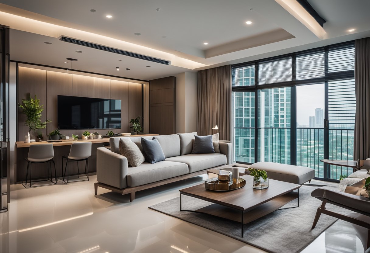 A modern condo interior in Singapore with sleek furniture, clean lines, and a neutral color palette. Large windows allow natural light to fill the space, creating a bright and airy atmosphere
