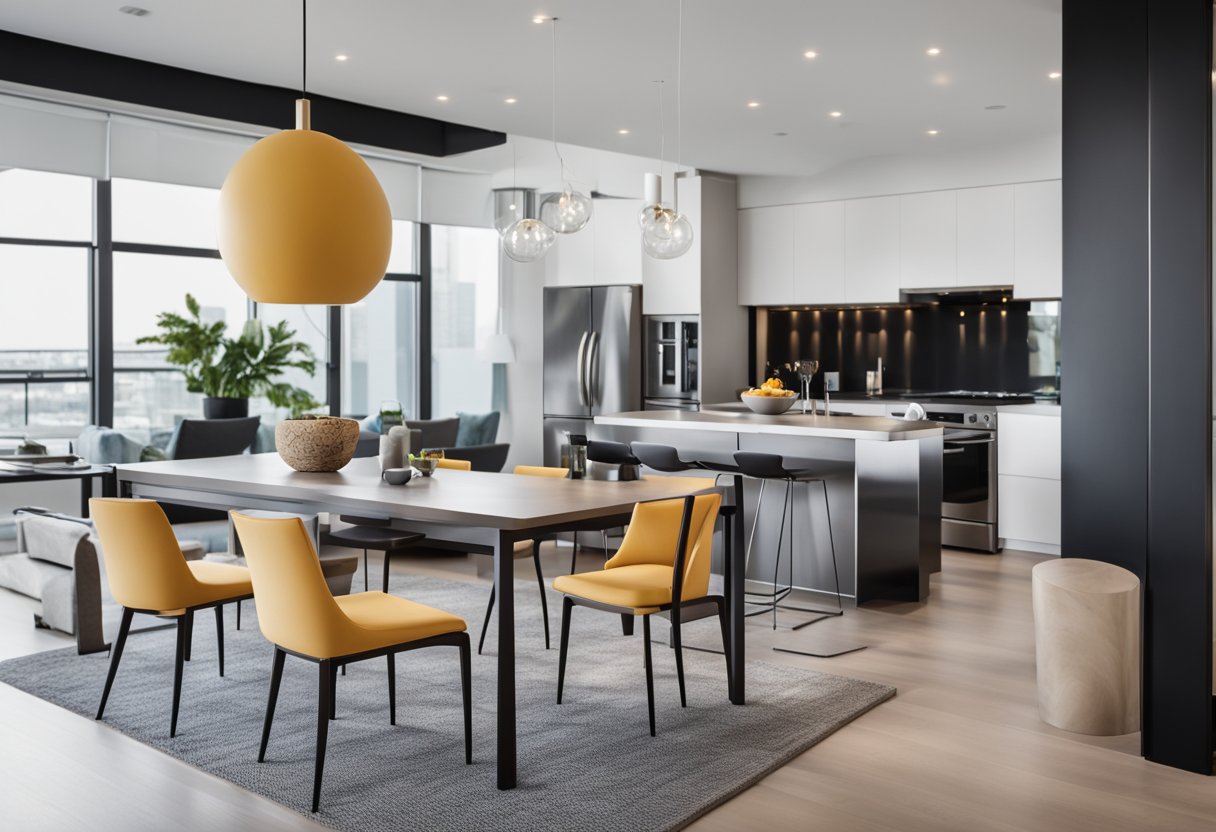 A modern, sleek condo with floor-to-ceiling windows, minimalist furniture, and pops of color in the decor. The open-concept living space flows seamlessly into the kitchen and dining area, creating a spacious and inviting atmosphere