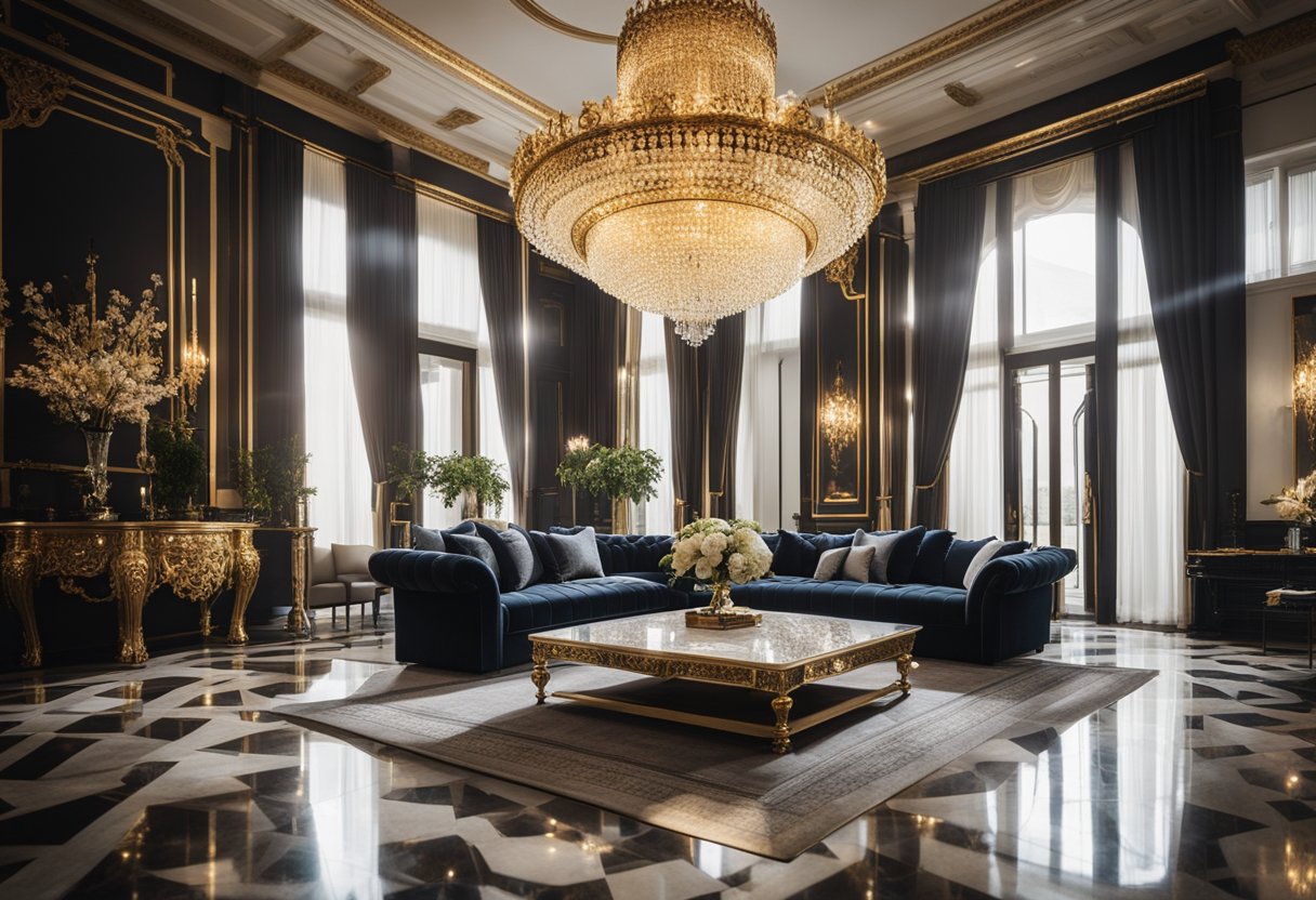 A grand chandelier illuminates a lavish living room with plush velvet sofas, ornate gold accents, and intricate marble flooring