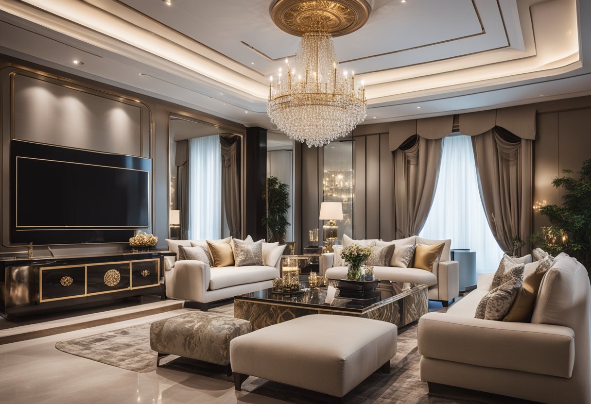 A lavish living room with opulent furnishings, ornate decor, and elegant lighting, exuding an air of sophistication and luxury