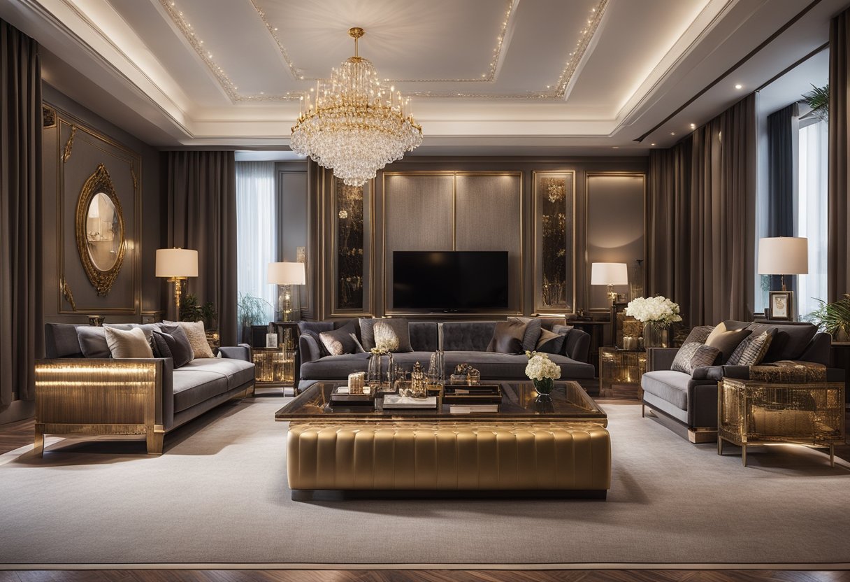 A luxurious living room with elegant furniture, ornate decor, and soft lighting. Rich colors and textures create a sophisticated and opulent atmosphere