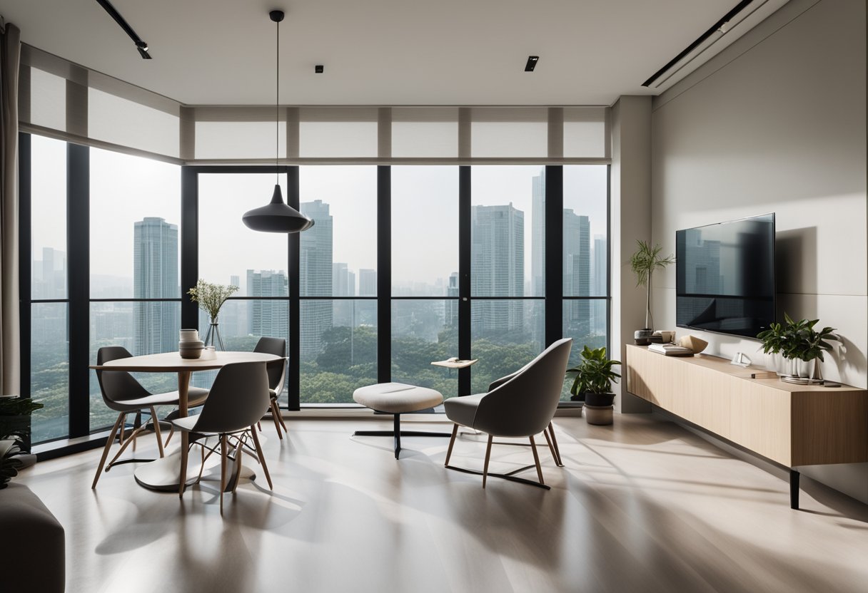 A modern, minimalist condo interior in Singapore with sleek furniture, neutral color palette, and ample natural light streaming in through large windows