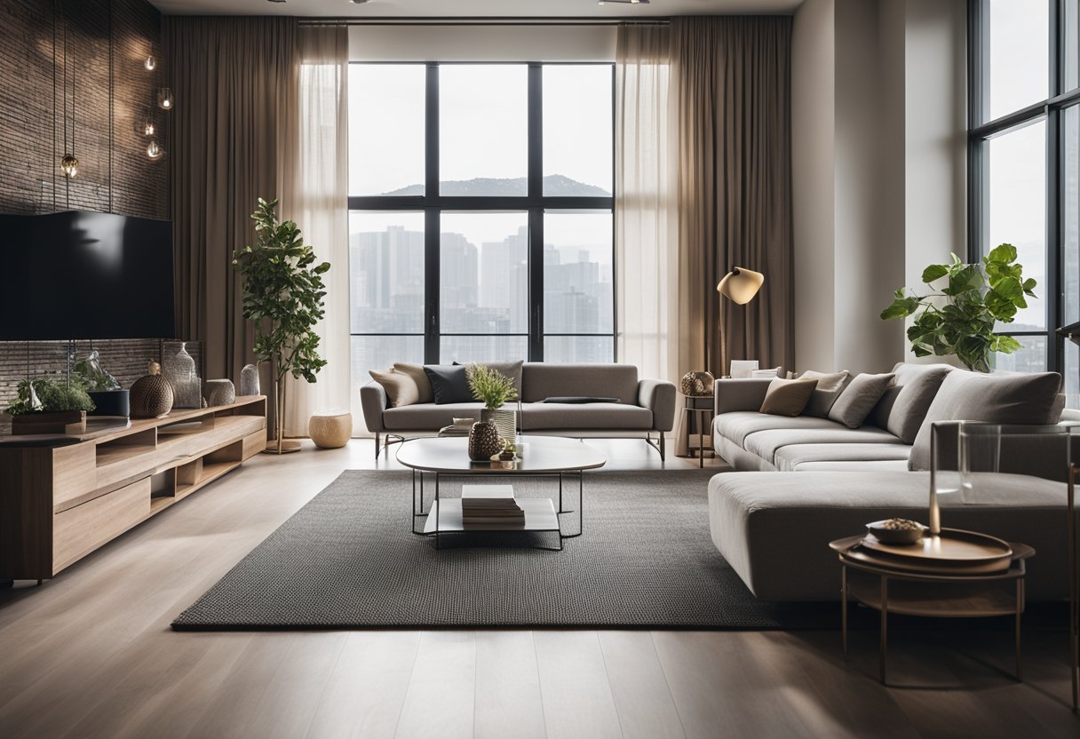 A modern living room with sleek furniture, a neutral color palette, and natural light flooding in from large windows