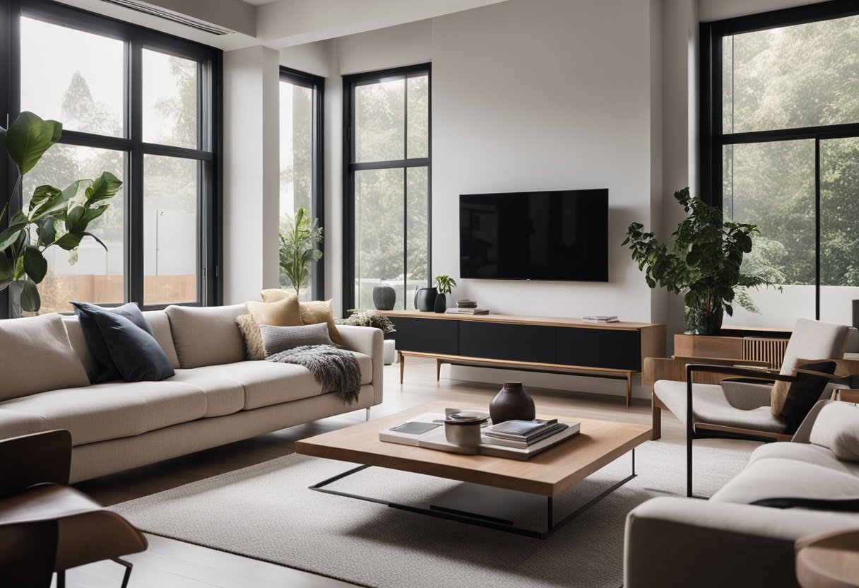 A modern living room with sleek furniture, minimalist decor, and abundant natural light streaming in from large windows