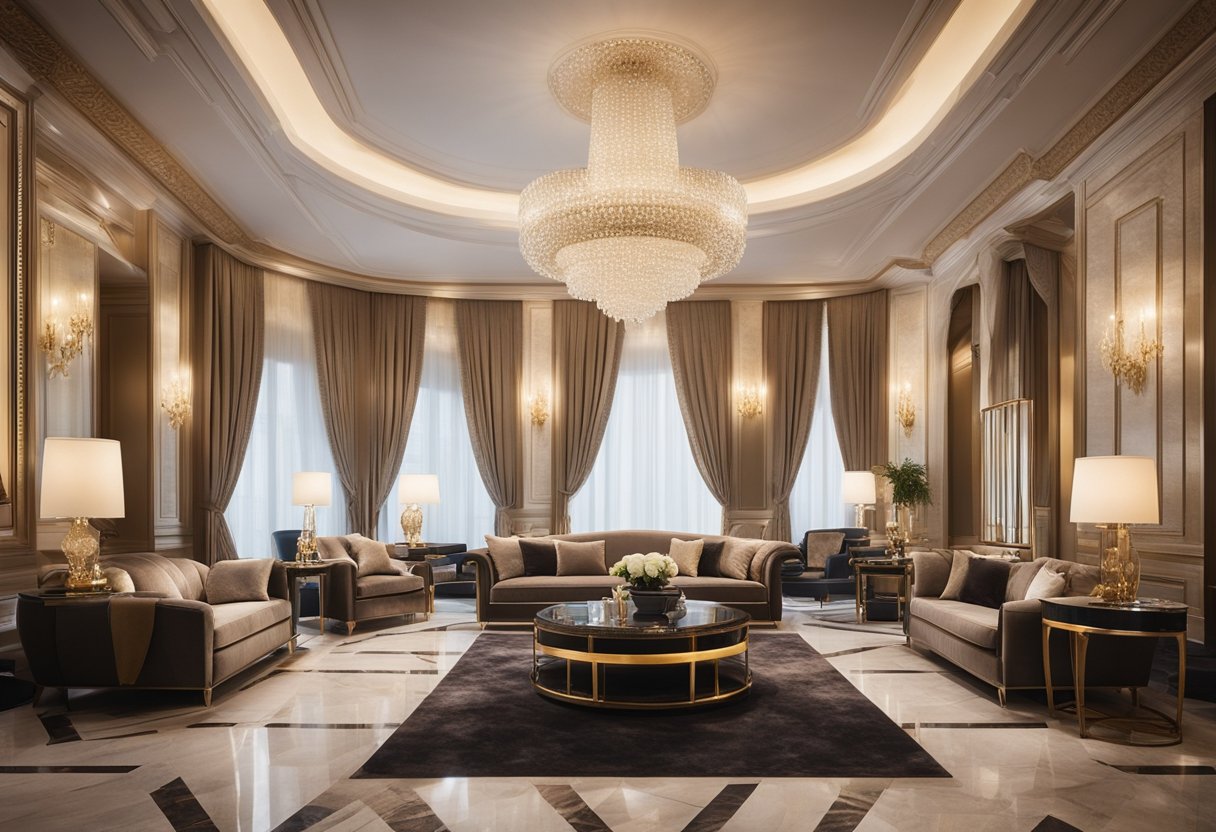 The opulent room features plush velvet furnishings, gleaming marble surfaces, and soft, warm lighting, evoking a sense of luxury and sophistication