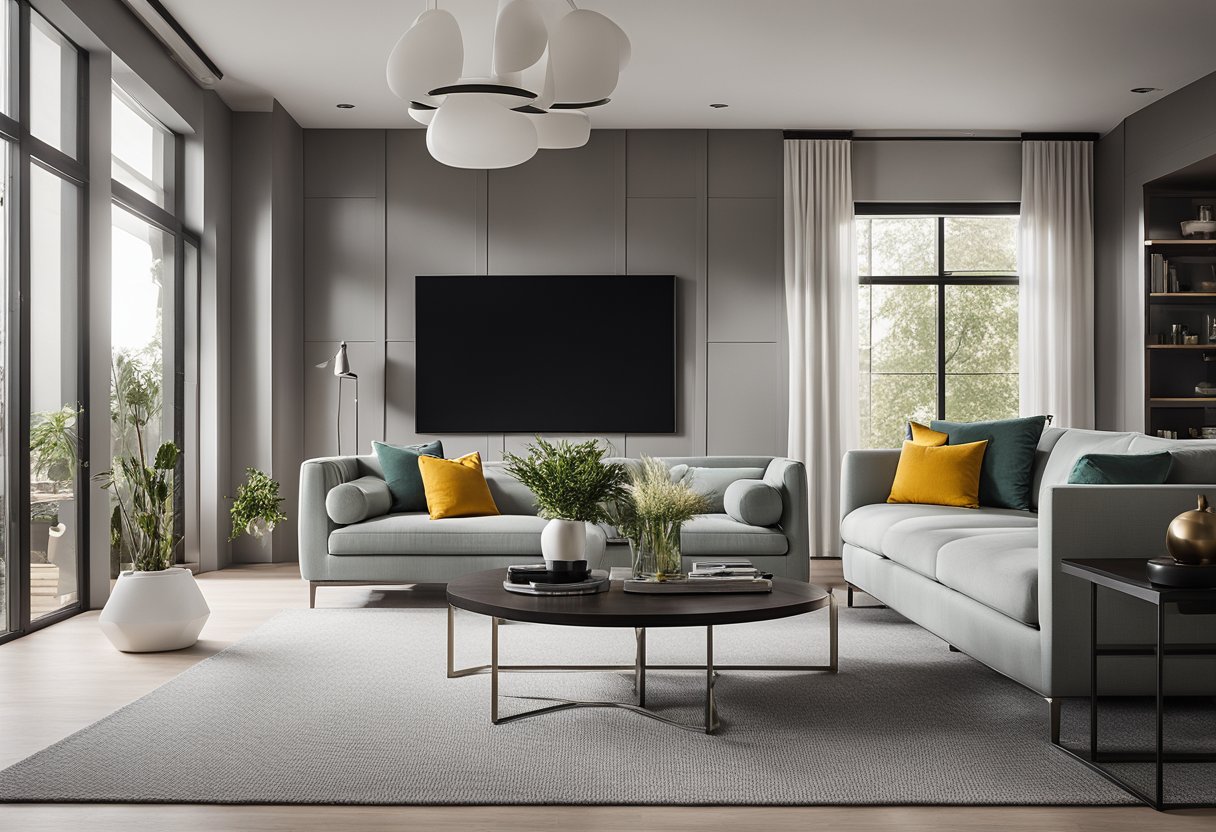 A modern living room with sleek furniture, clean lines, and a pop of color. Large windows let in natural light, showcasing the minimalist yet stylish interior design by Ciseern's Design Excellence
