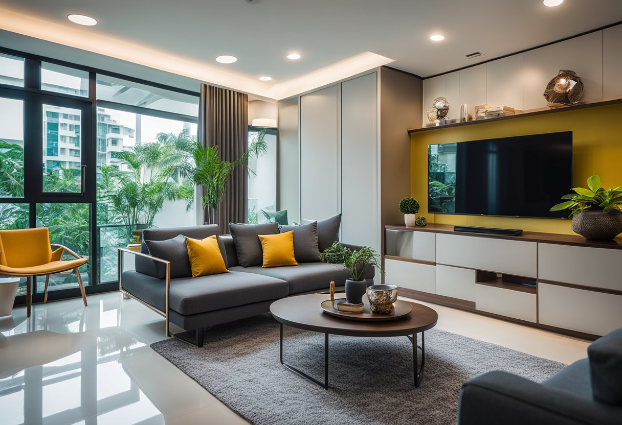 A modern living room with sleek furniture and vibrant accent colors, showcasing the integration of traditional and contemporary elements in HDB interior design in Singapore