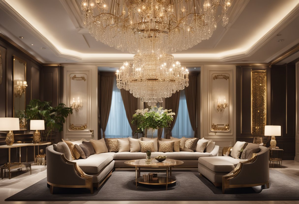 A luxurious living room with elegant furniture and intricate decor. A large chandelier hangs from the ceiling, casting a warm glow over the room. Rich fabrics and textures add a sense of opulence to the space