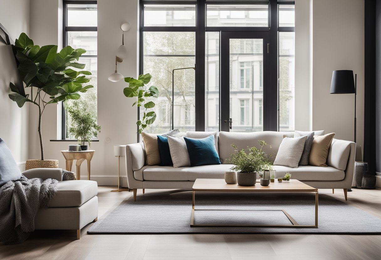 An elegant living room with modern furniture, soft neutral colors, and pops of vibrant accents. Large windows let in natural light, showcasing the sleek, minimalist design