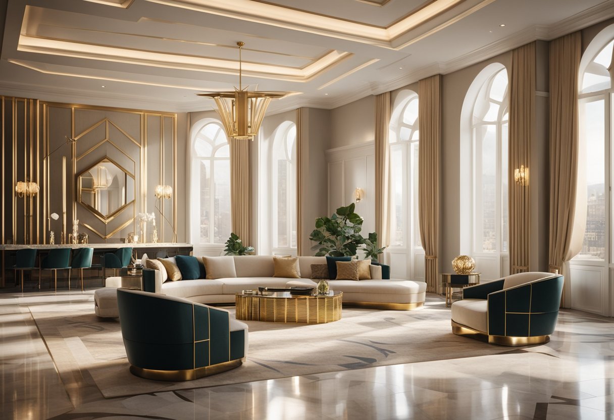 An elegant art deco interior with geometric patterns, sleek furniture, and luxurious materials like marble and brass. Tall windows let in soft, natural light, casting a warm glow over the space