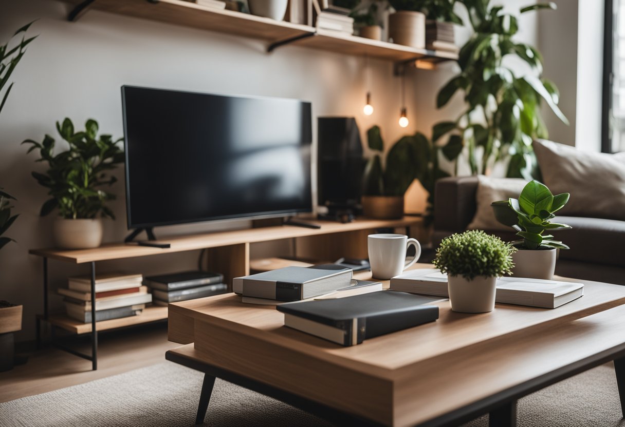 A cozy living room with modern furniture, warm lighting, and plants. A bookshelf filled with design books and a laptop on the coffee table