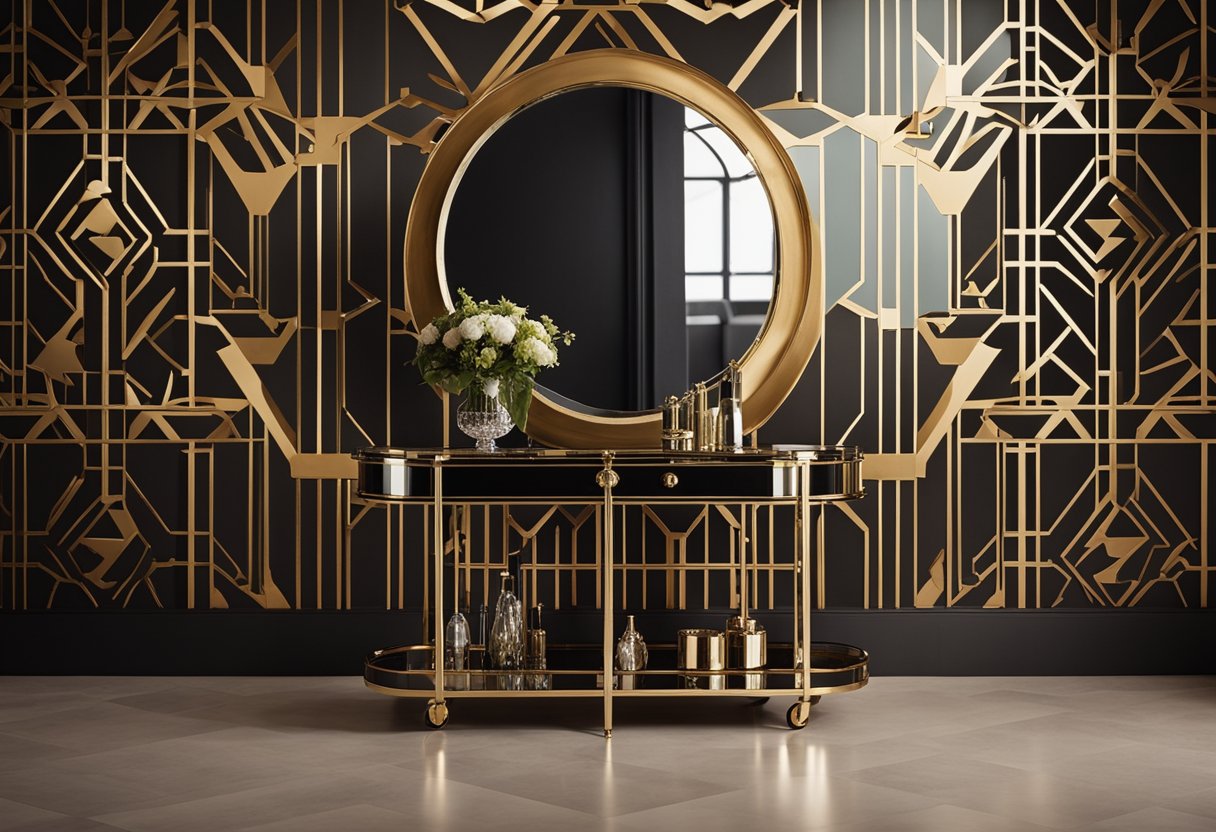 A sleek, geometric bar cart stands against a backdrop of bold, angular wallpaper. A sunburst mirror and a luxurious velvet sofa complete the opulent Art Deco interior