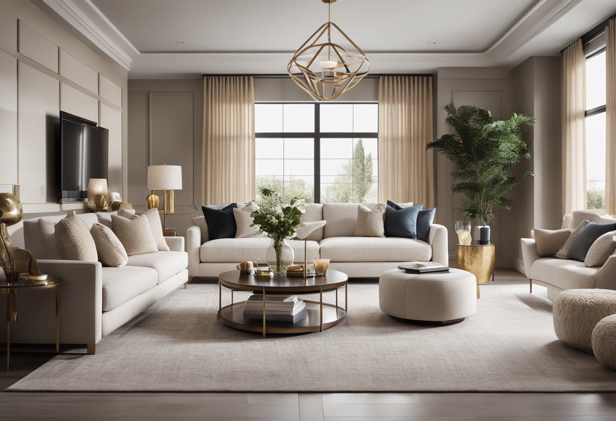 A luxurious living room with a modern, elegant design. Soft, neutral colors and plush furniture create a comfortable and inviting atmosphere. Textured accents and tasteful decor add depth and sophistication to the space