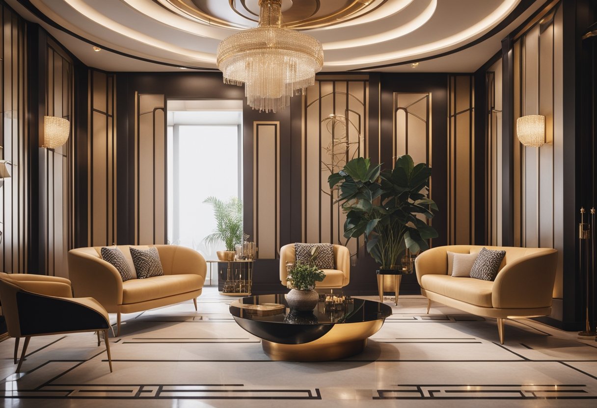 An elegant Art Deco interior with geometric patterns, sleek furniture, and luxurious materials, illuminated by soft, warm lighting