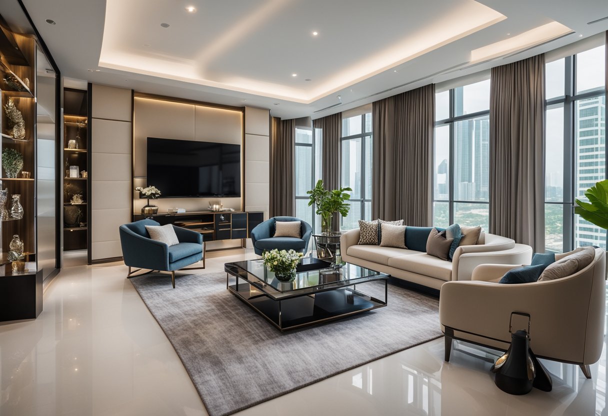 The modern luxury interior design in Singapore features sleek furniture, clean lines, and a neutral color palette with pops of metallic accents