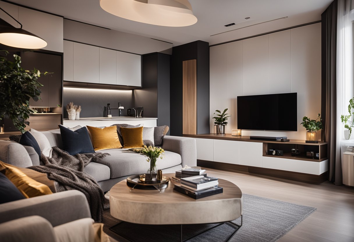 A cozy living room with modern furniture and warm lighting, a sleek kitchen with state-of-the-art appliances, and a stylish bedroom with a comfortable bed and elegant decor