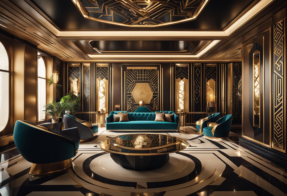 An opulent art deco interior with geometric patterns, sleek furniture, and luxurious materials. Bold colors and angular shapes create a sense of glamour and sophistication
