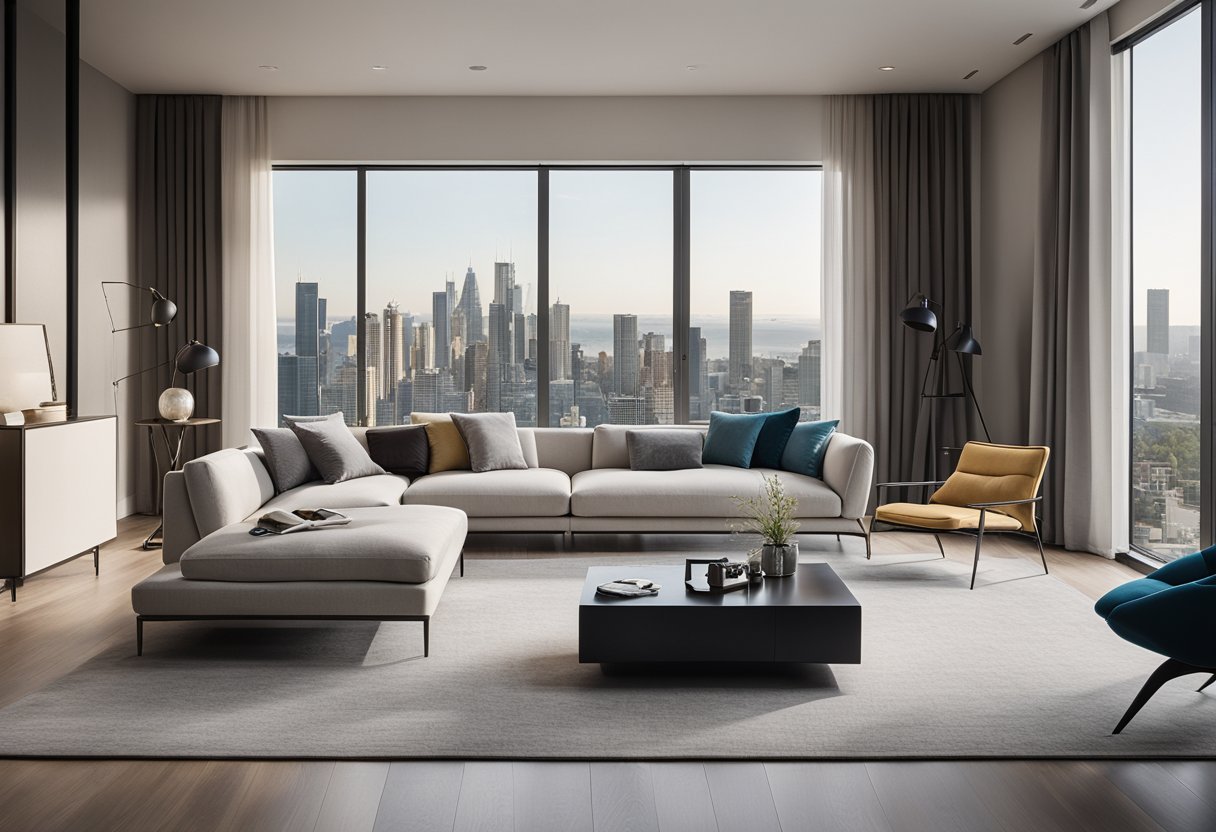 A sleek, minimalist living room with high-end furniture, clean lines, and a pop of color. Large windows let in natural light, showcasing the city skyline