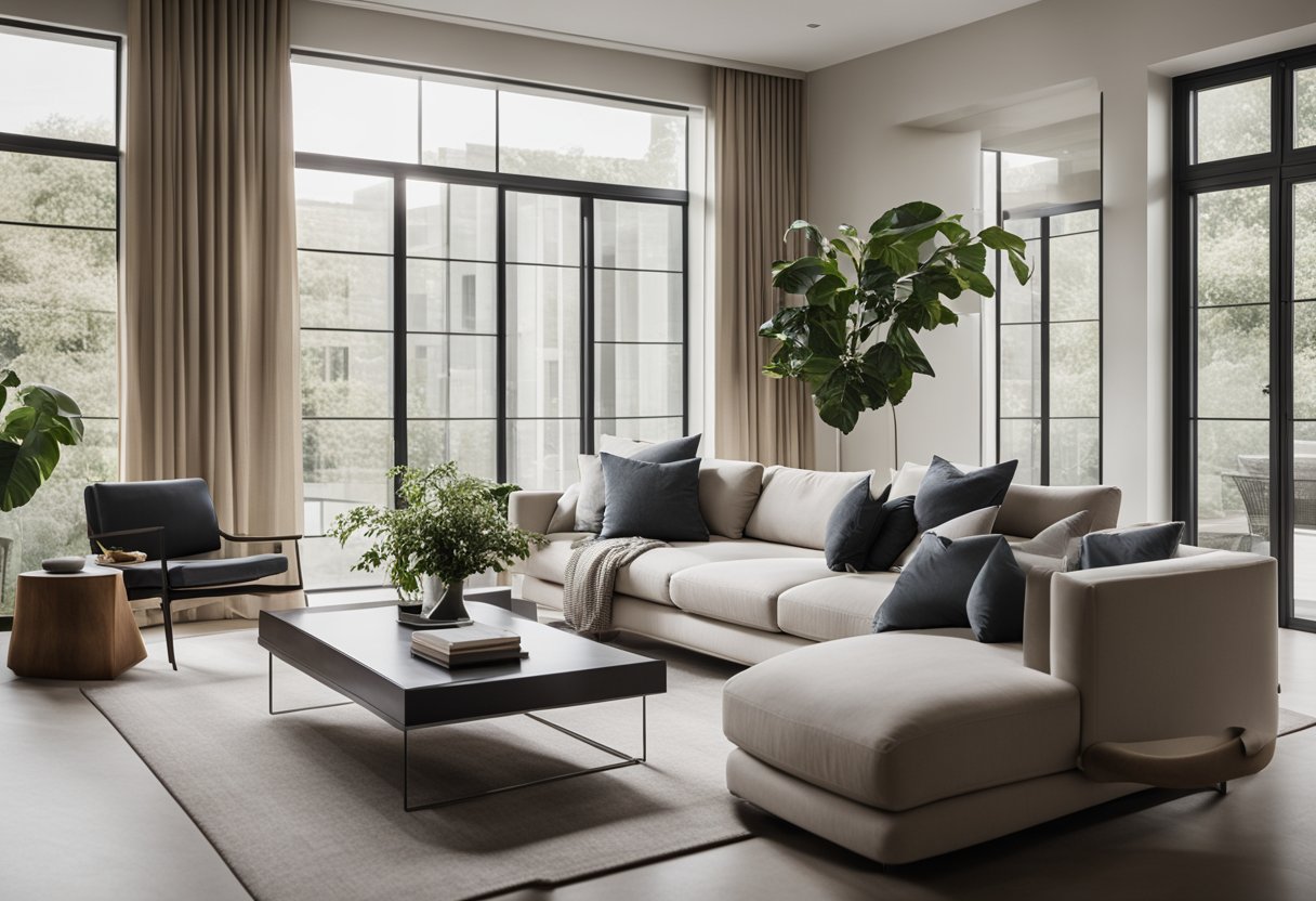 A modern living room with a minimalist design, featuring sleek furniture, neutral colors, and large windows letting in natural light