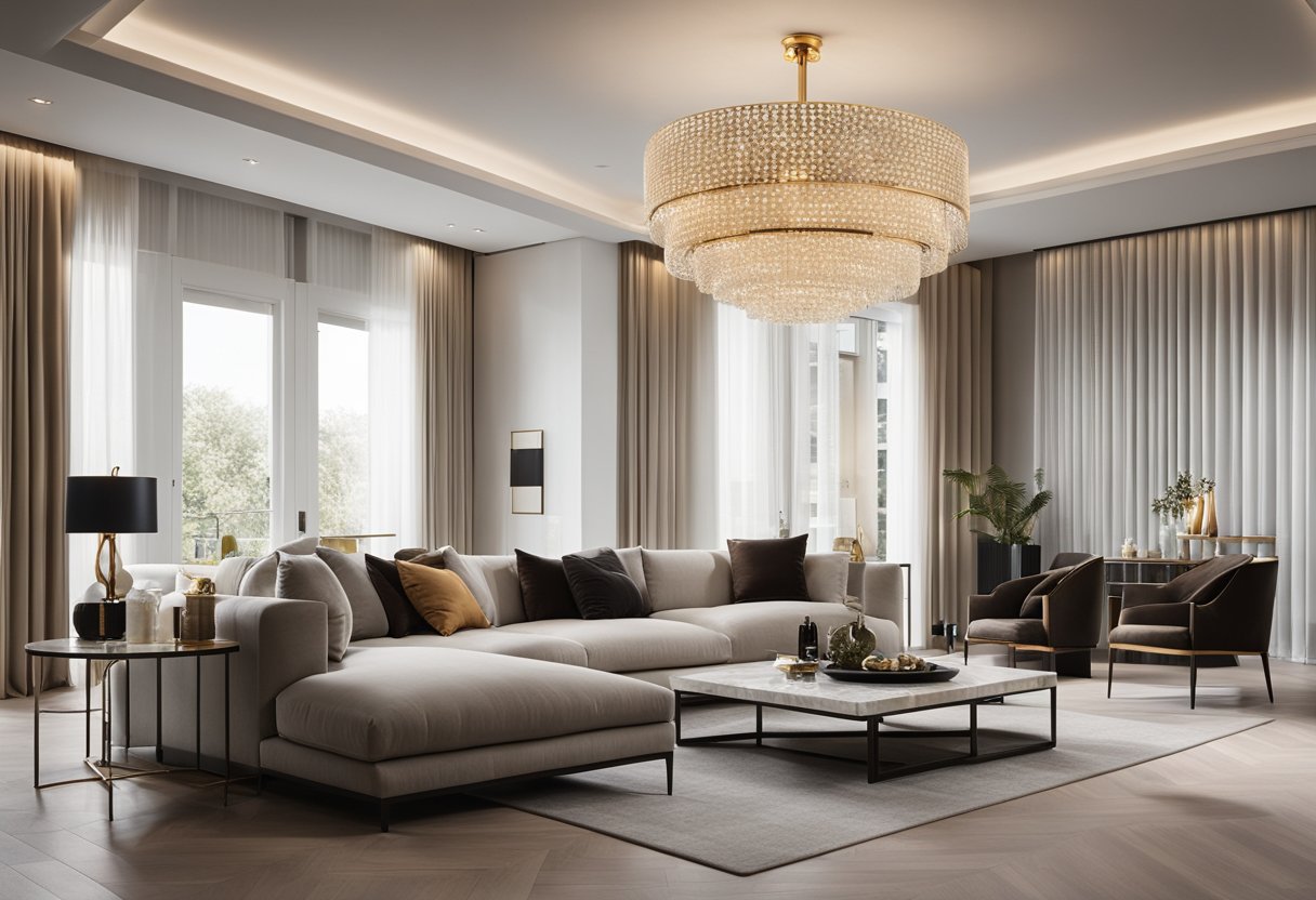 A sleek, minimalist living room with high-end furniture, clean lines, and luxurious materials like marble and velvet. A statement chandelier hangs from the ceiling, casting a warm glow over the space