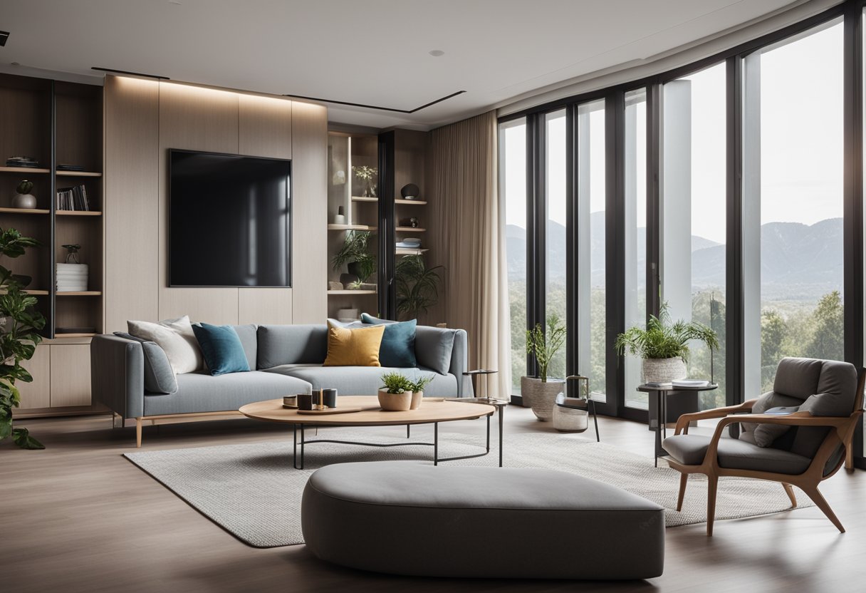 A modern living room with sleek furniture and minimalist decor, featuring large windows and natural light