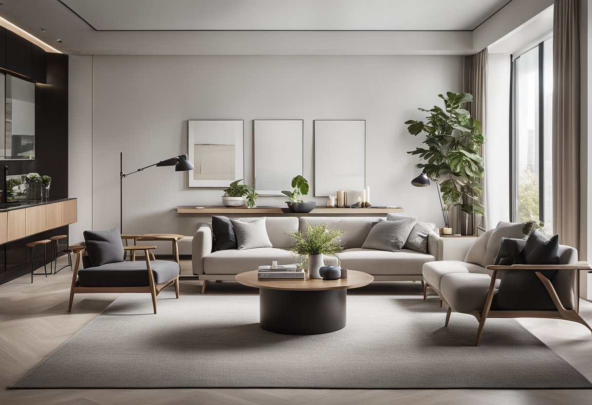 A sleek, minimalist living room with high-end furniture, a neutral color palette, and subtle pops of color. Clean lines and luxurious materials create a sophisticated, contemporary space