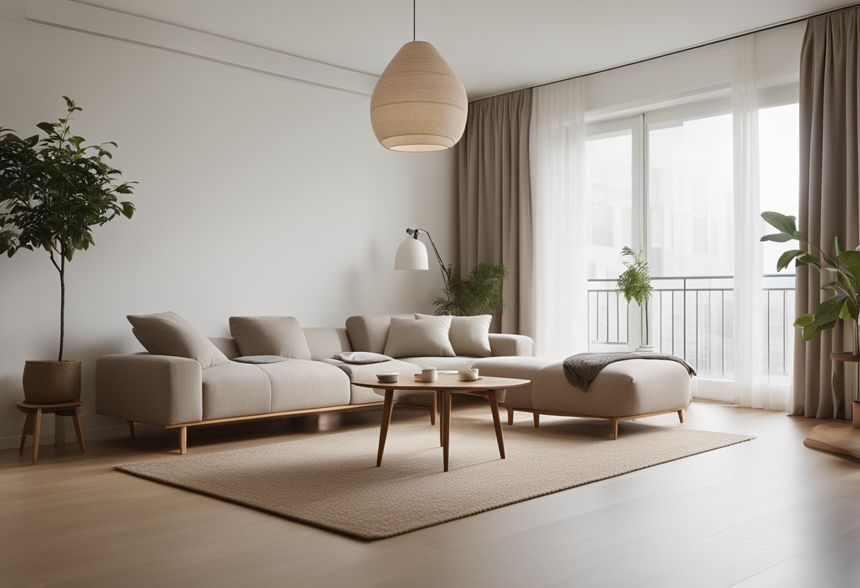 A minimalist Muji-style room with natural materials, neutral colors, and clean lines. A clutter-free space with simple furniture and soft lighting