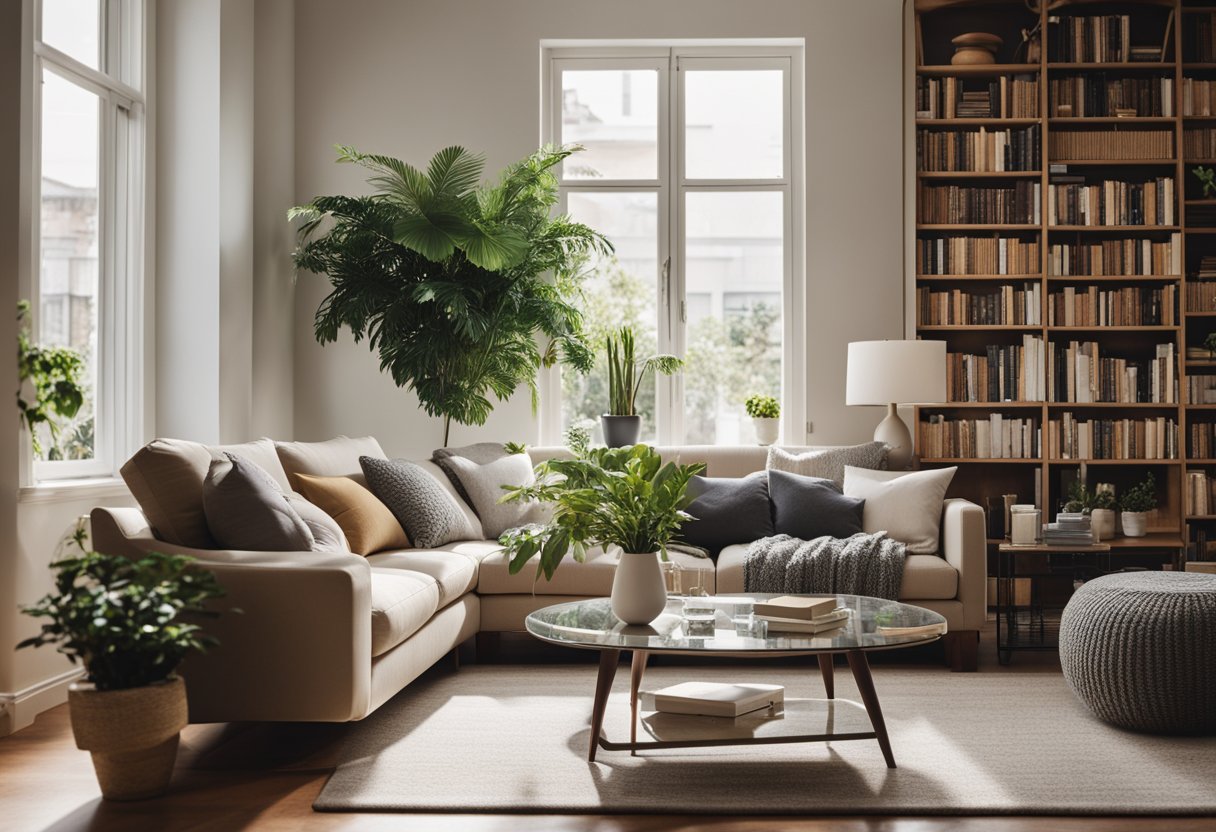 A cozy living room with a modern sofa, a stylish coffee table, and a bookshelf filled with design books. The room is bathed in natural light from large windows, and a potted plant adds a touch of greenery