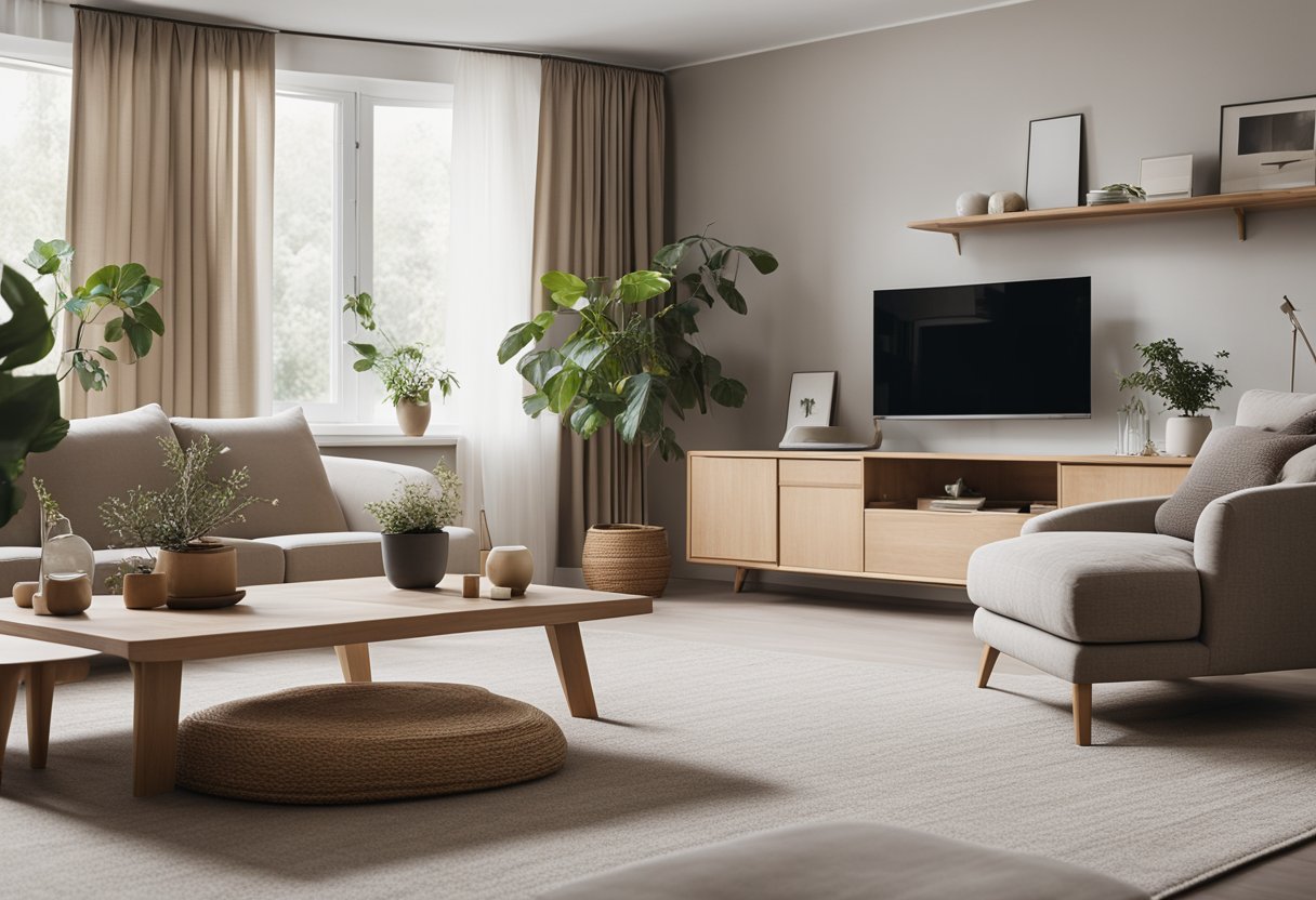 A minimalist living room with natural materials, neutral colors, and simple furniture arranged in a clutter-free and functional layout