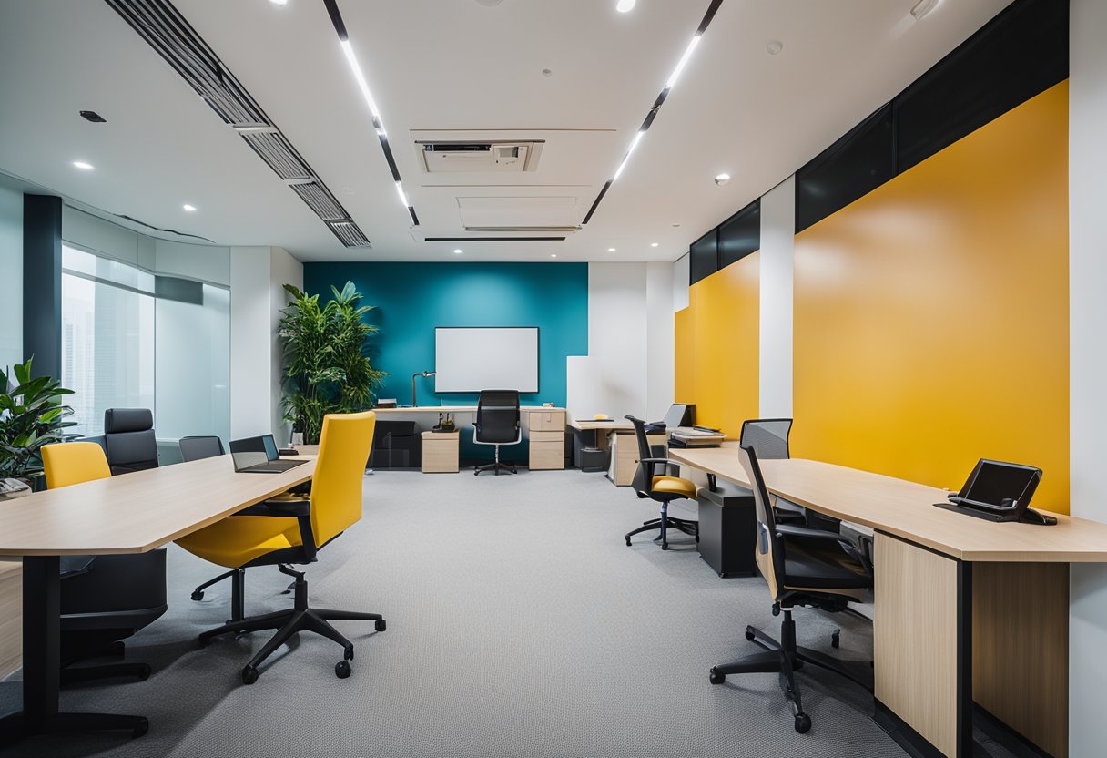 The office interior in Singapore features modern furniture, sleek lines, and a minimalist color palette with pops of vibrant accents