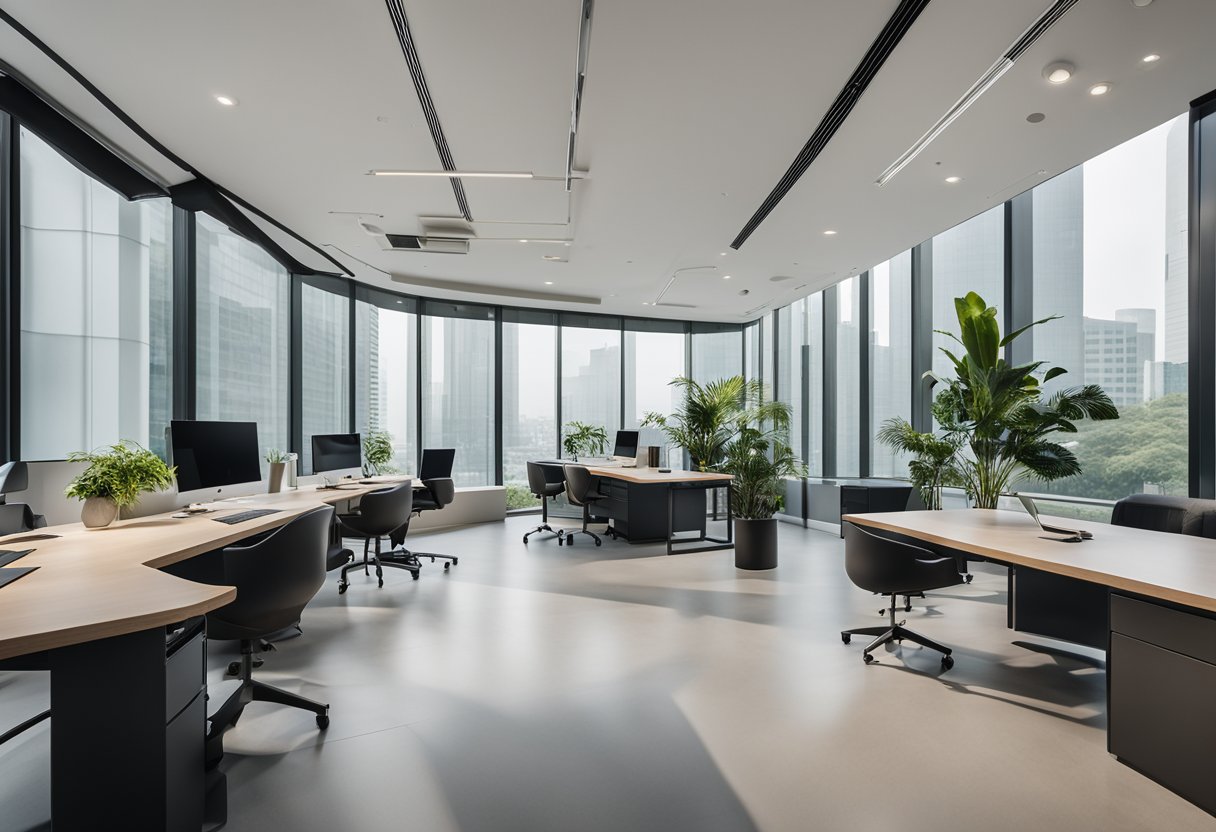 The office interior design in Singapore features clean lines, modern furniture, and a minimalist color palette. The space is well-lit with natural light and incorporates elements of biophilic design