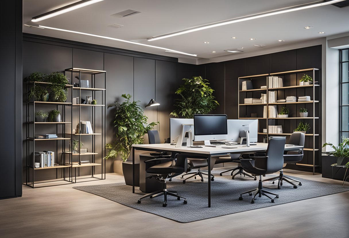 The office space is modern and sleek, with clean lines and a minimalist color palette. The furniture is ergonomic and functional, creating a professional yet comfortable atmosphere