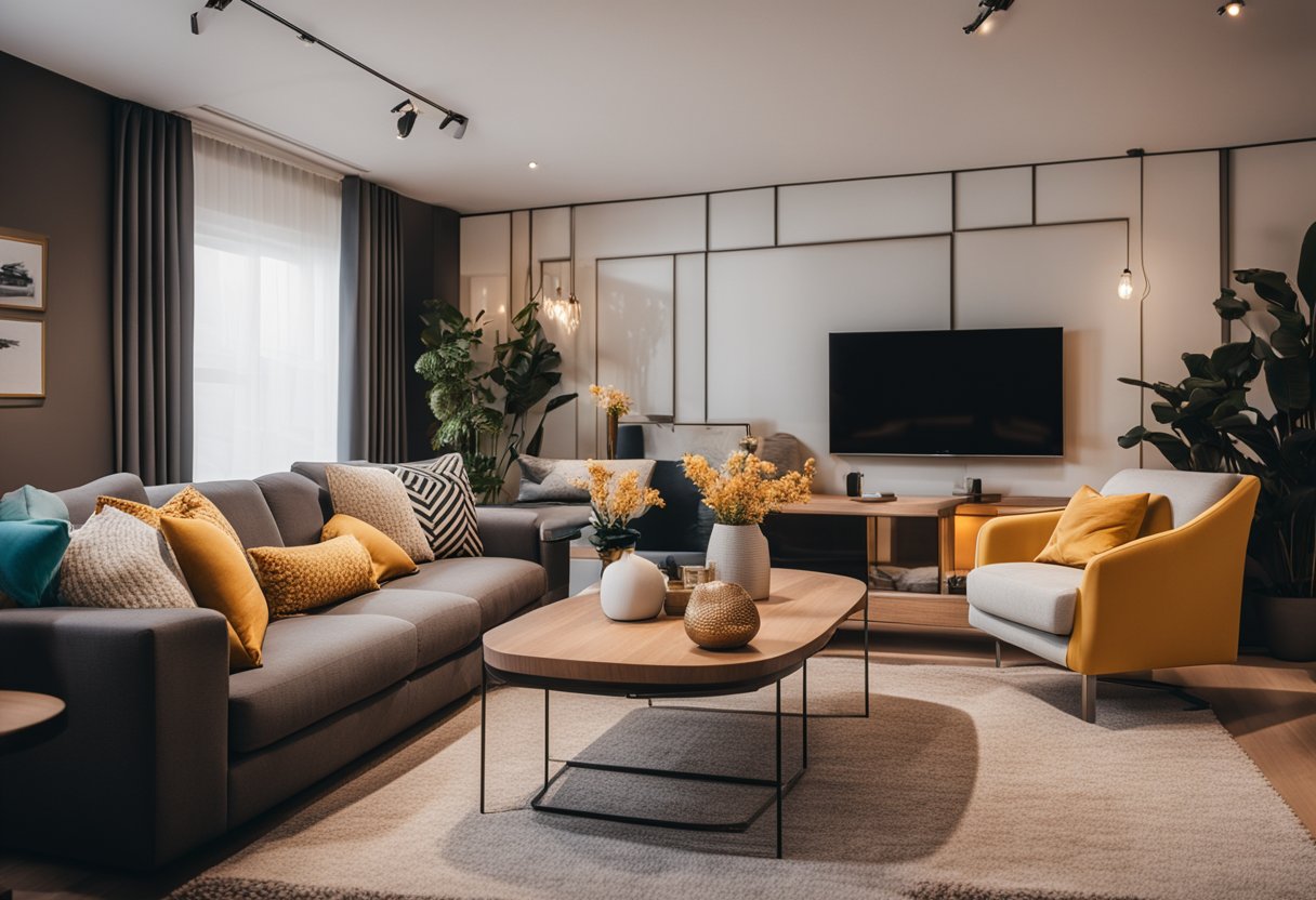 A cozy living room with modern furniture, warm lighting, and a pop of color from accent pillows