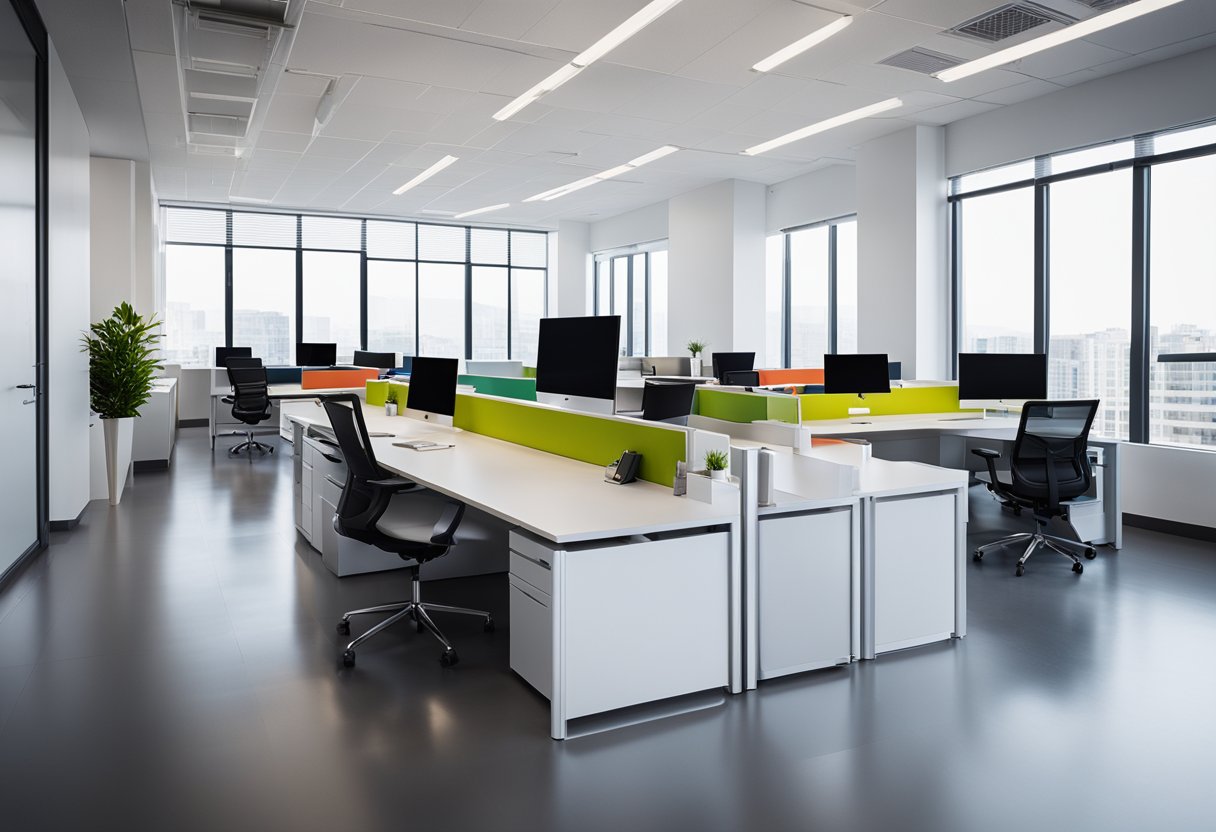 A modern office with sleek furniture, natural light, and pops of color. Clean lines and organized workstations create a professional yet inviting atmosphere