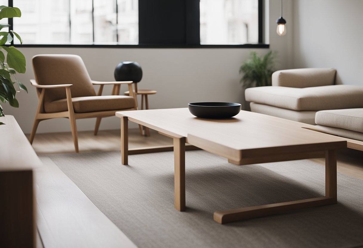 A minimalist Muji-style interior with clean lines, natural materials, and neutral colors. Simple furniture, uncluttered spaces, and soft lighting create a serene and tranquil atmosphere