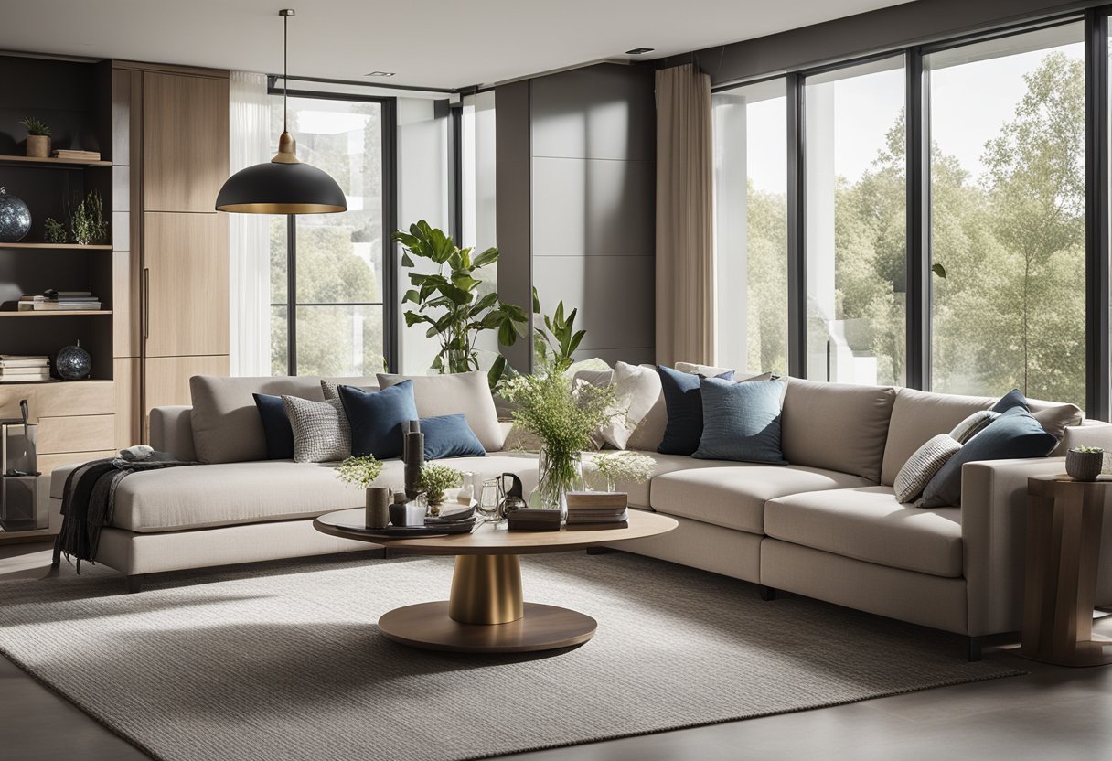 Anhans Interior Design: A spacious, modern living room with sleek furniture, neutral color palette, and large windows letting in natural light