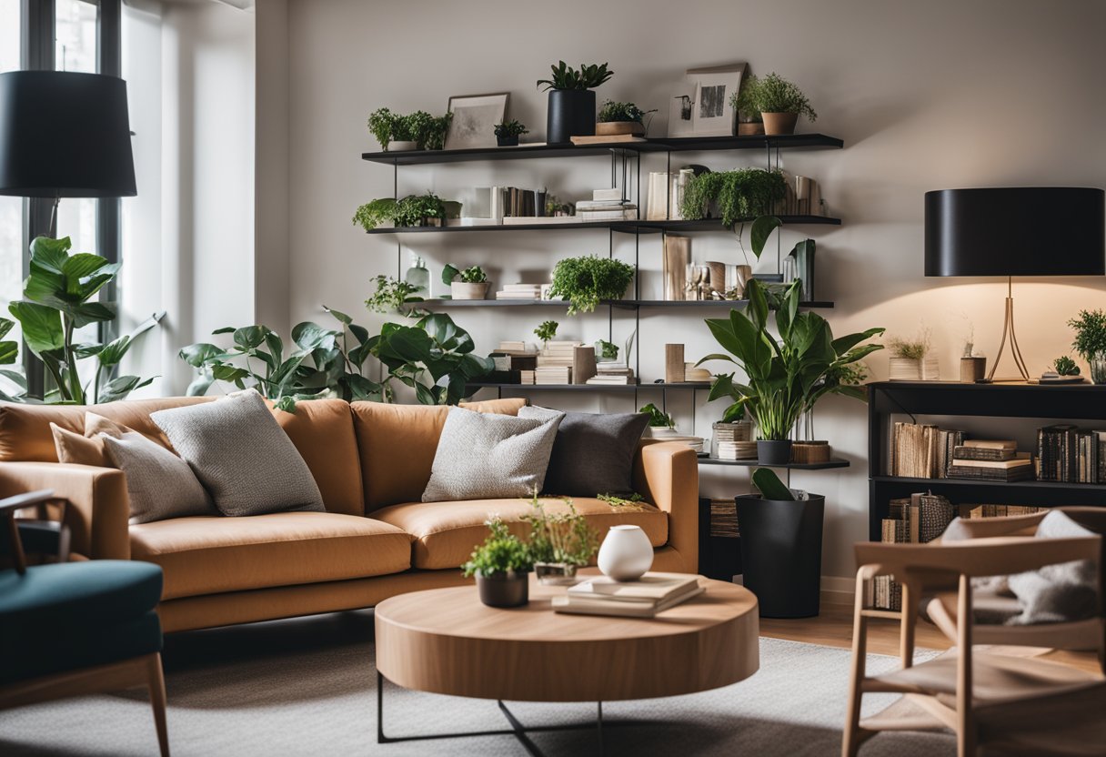 A cozy living room with a modern sofa, a coffee table, and a bookshelf filled with design books. Soft lighting and plants add warmth to the space