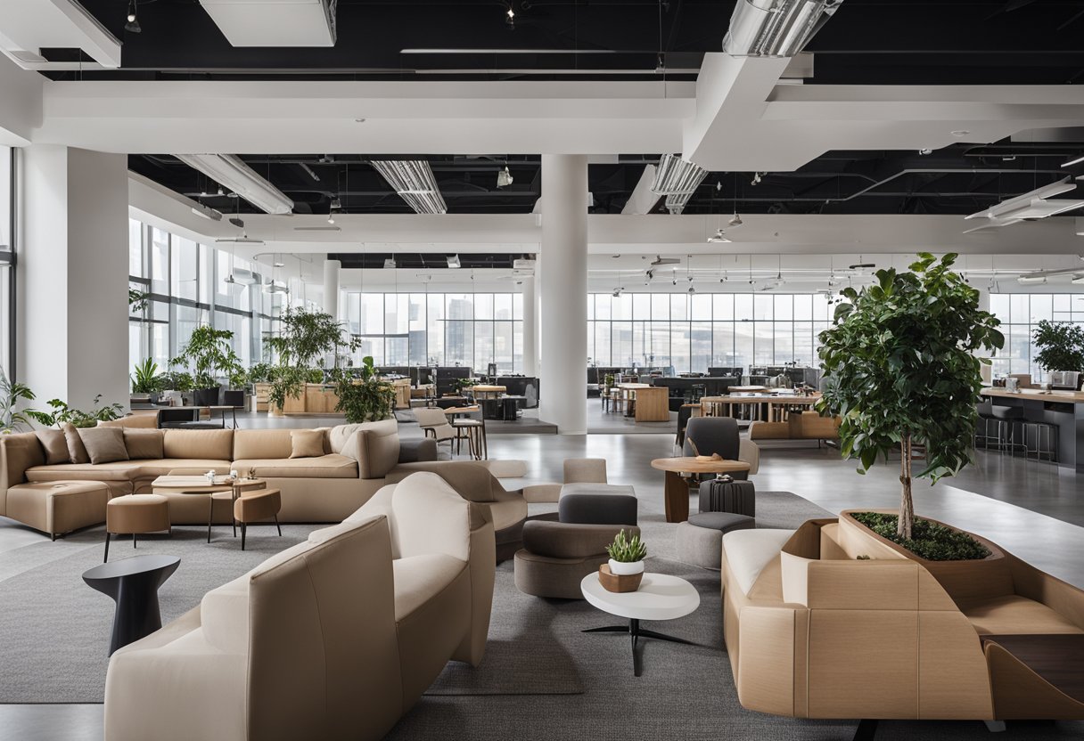 The interior of Tradehub 21 is a modern and spacious setting with sleek, minimalist design. The space is filled with natural light, featuring clean lines, industrial accents, and a neutral color palette