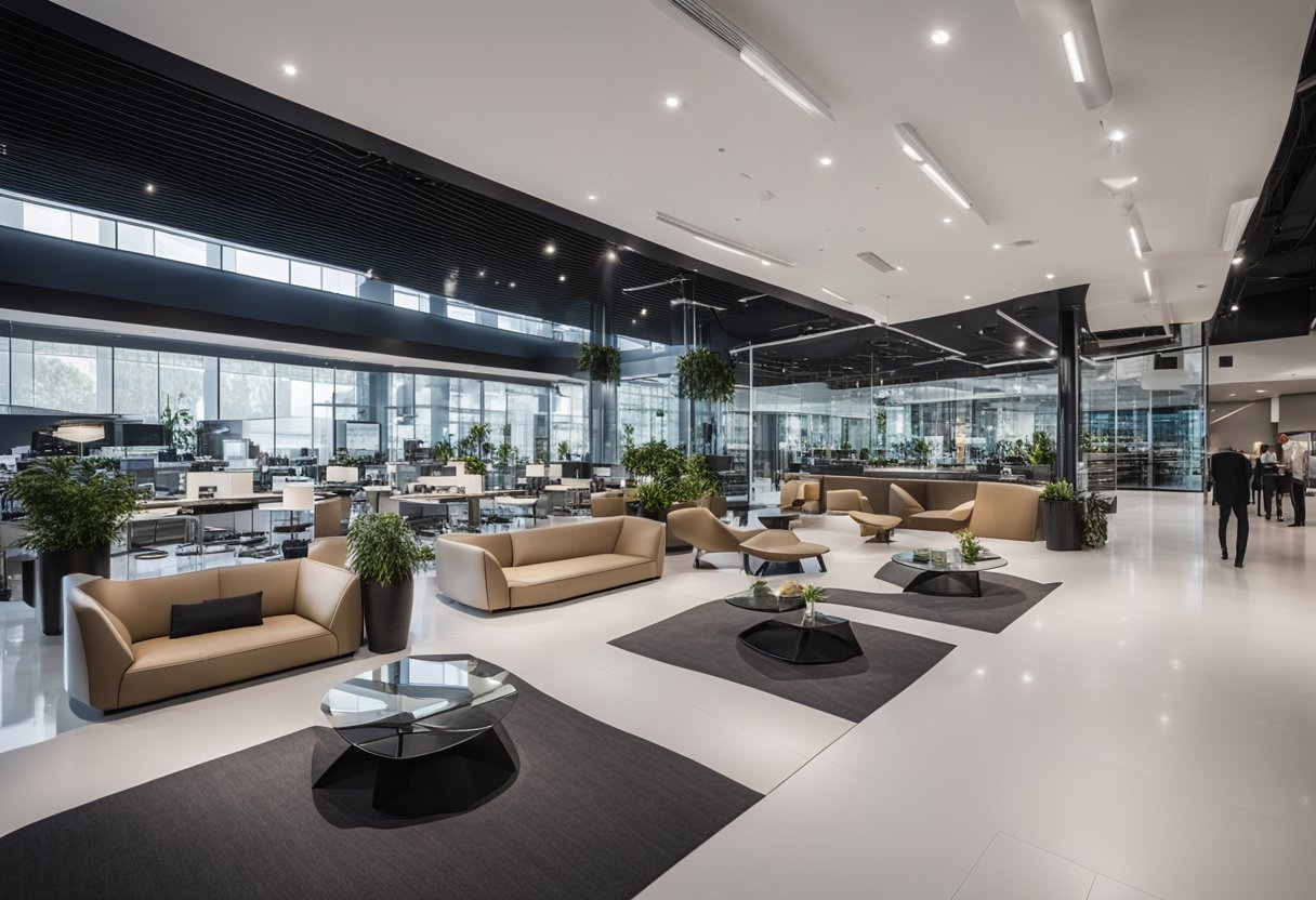 The interior of Space tradehub 21 is modern and sleek, with clean lines and futuristic technology integrated seamlessly into the design. The space is filled with natural light, creating a bright and airy atmosphere