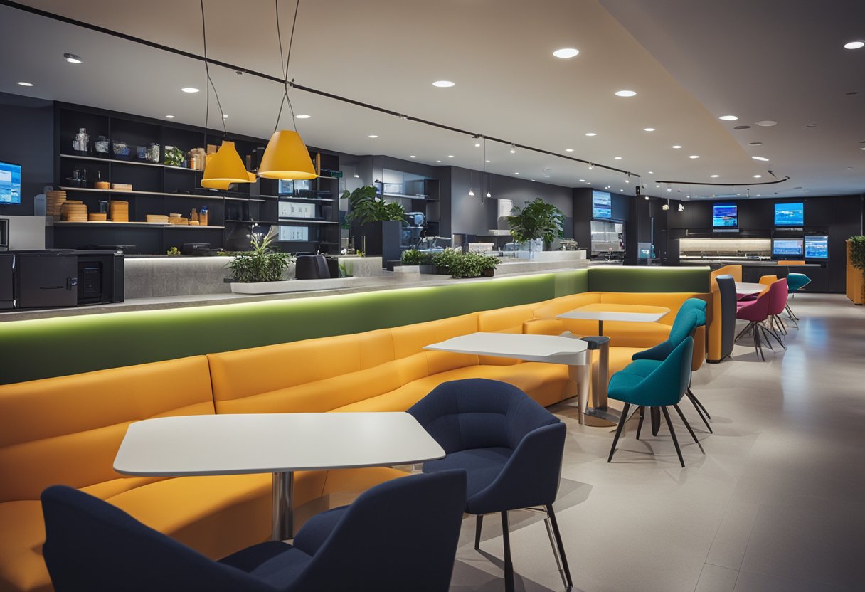 The bustling tradehub 21 interior features sleek, modern furniture and vibrant pops of color, creating a dynamic and inviting atmosphere