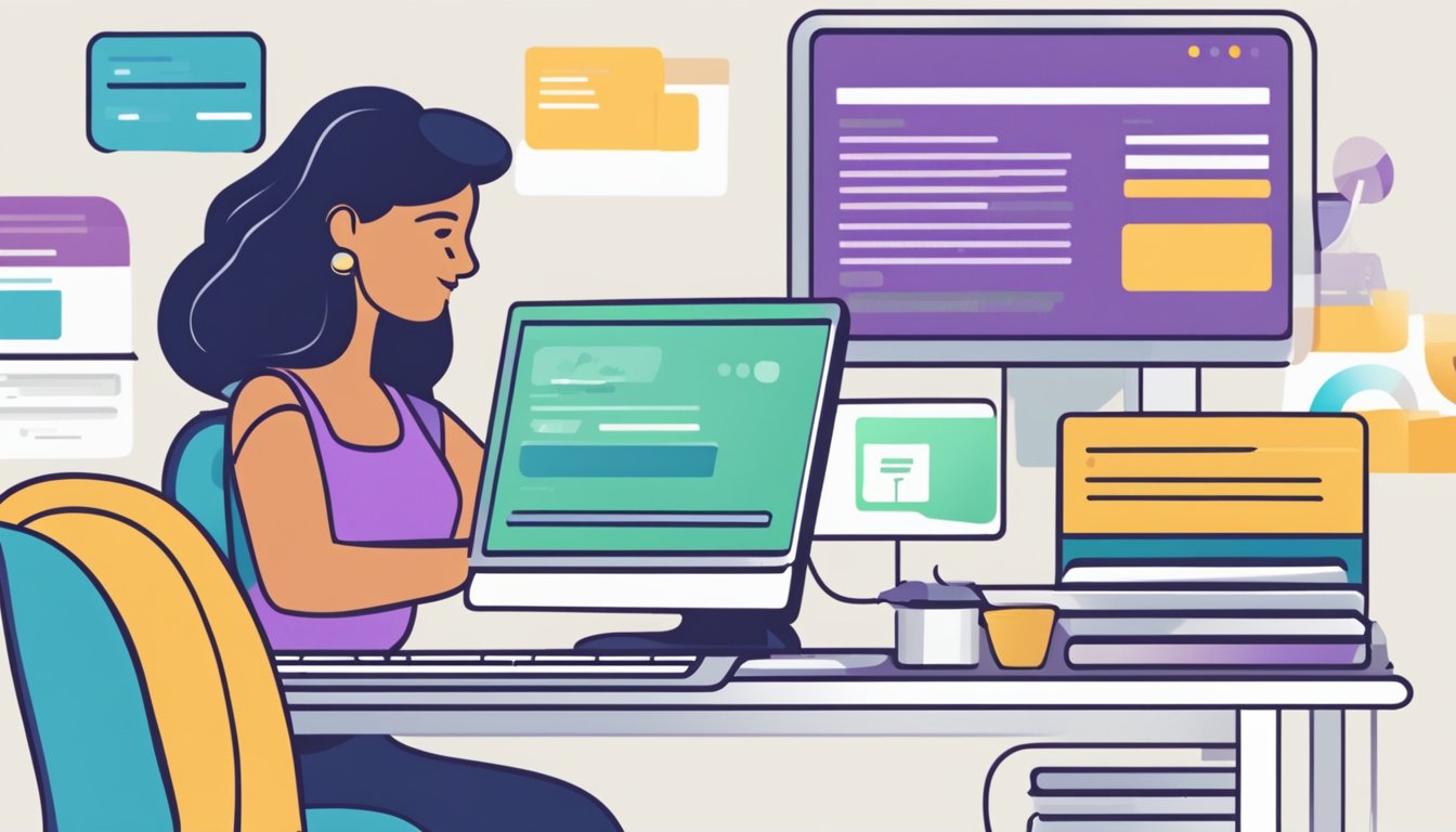 A person sits at a computer, filling out an online form for a small personal loan. The screen displays the loan application website with fields for personal information