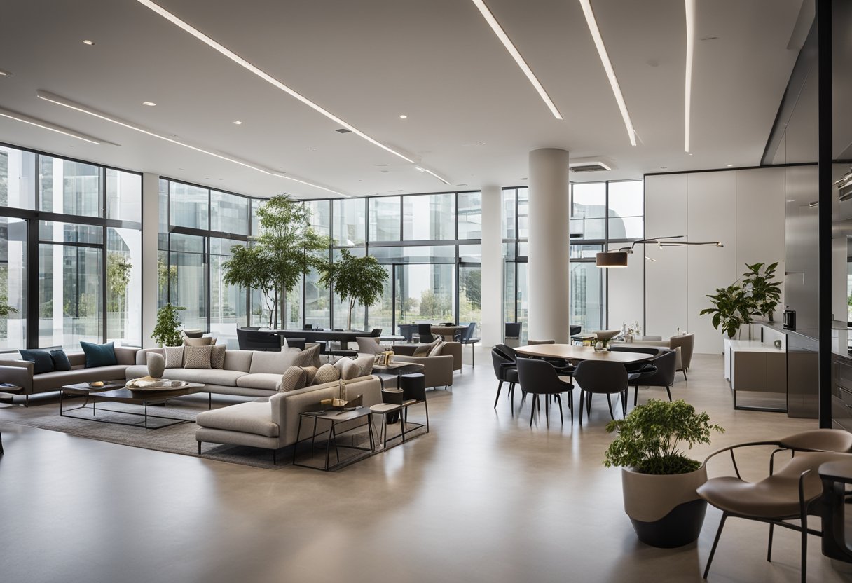 Tradehub 21 interior: Sleek, modern design with open floor plan, natural light, and minimalist furnishings. Clean lines and neutral color palette create a contemporary and welcoming space