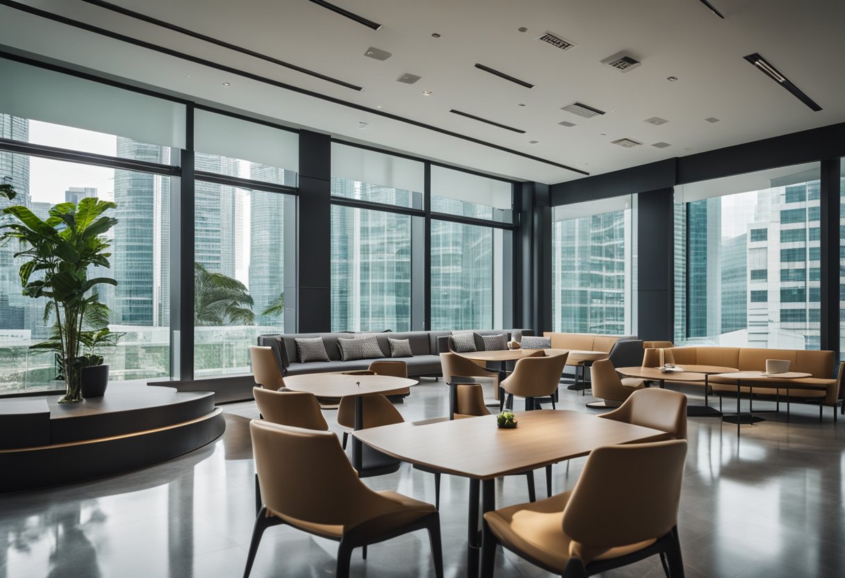 The spacious commercial interior in Singapore features modern furniture, sleek finishes, and ample natural light pouring in from large windows