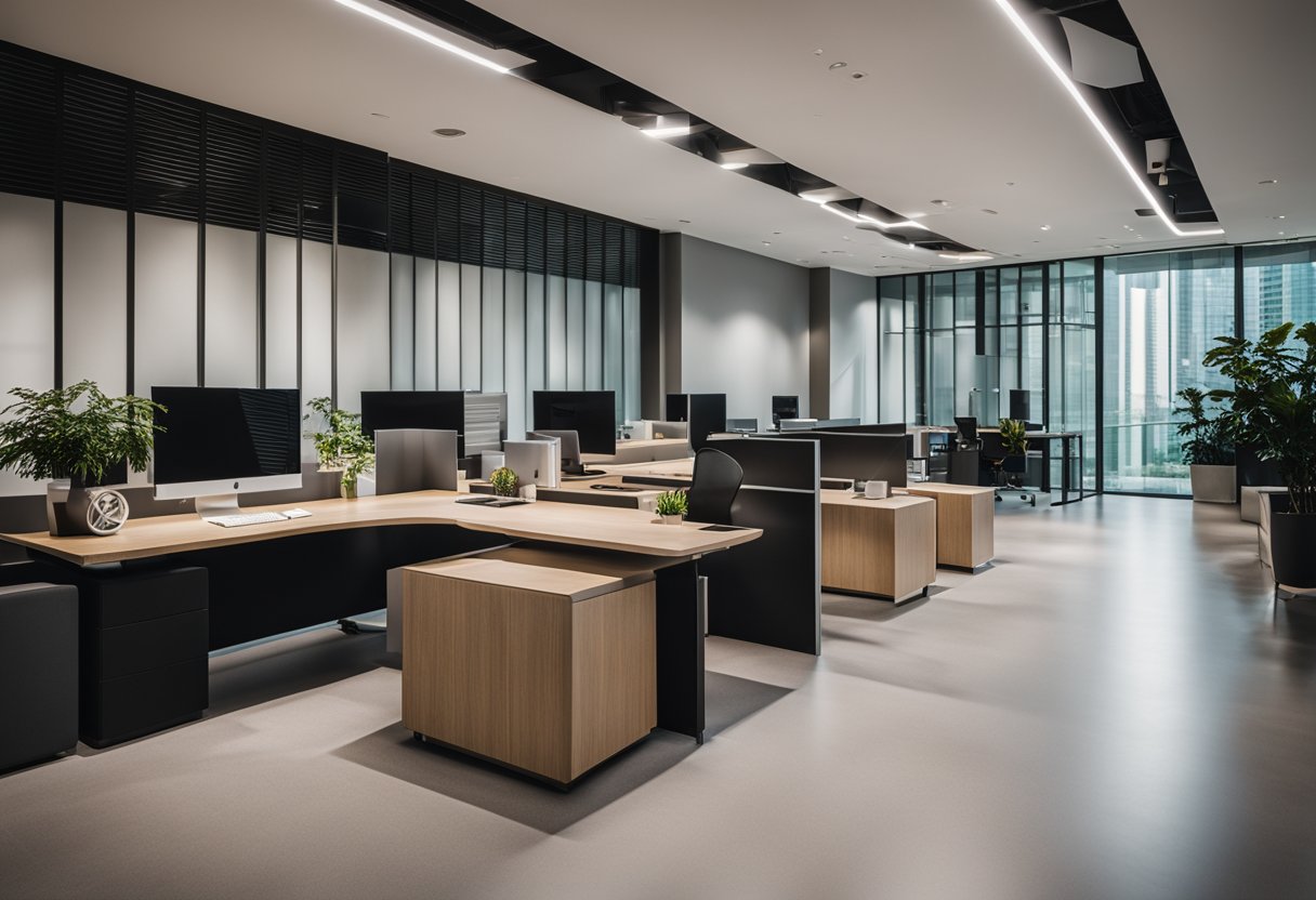 A modern office space in Singapore with sleek furniture, clean lines, and strategic lighting to create a professional and inviting atmosphere
