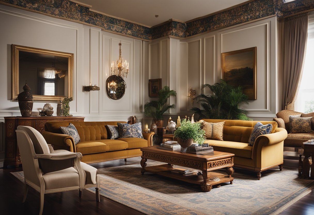 A modern living room with colonial-inspired furniture, ornate woodwork, and vintage textiles. Rich colors and traditional patterns create a timeless and elegant space