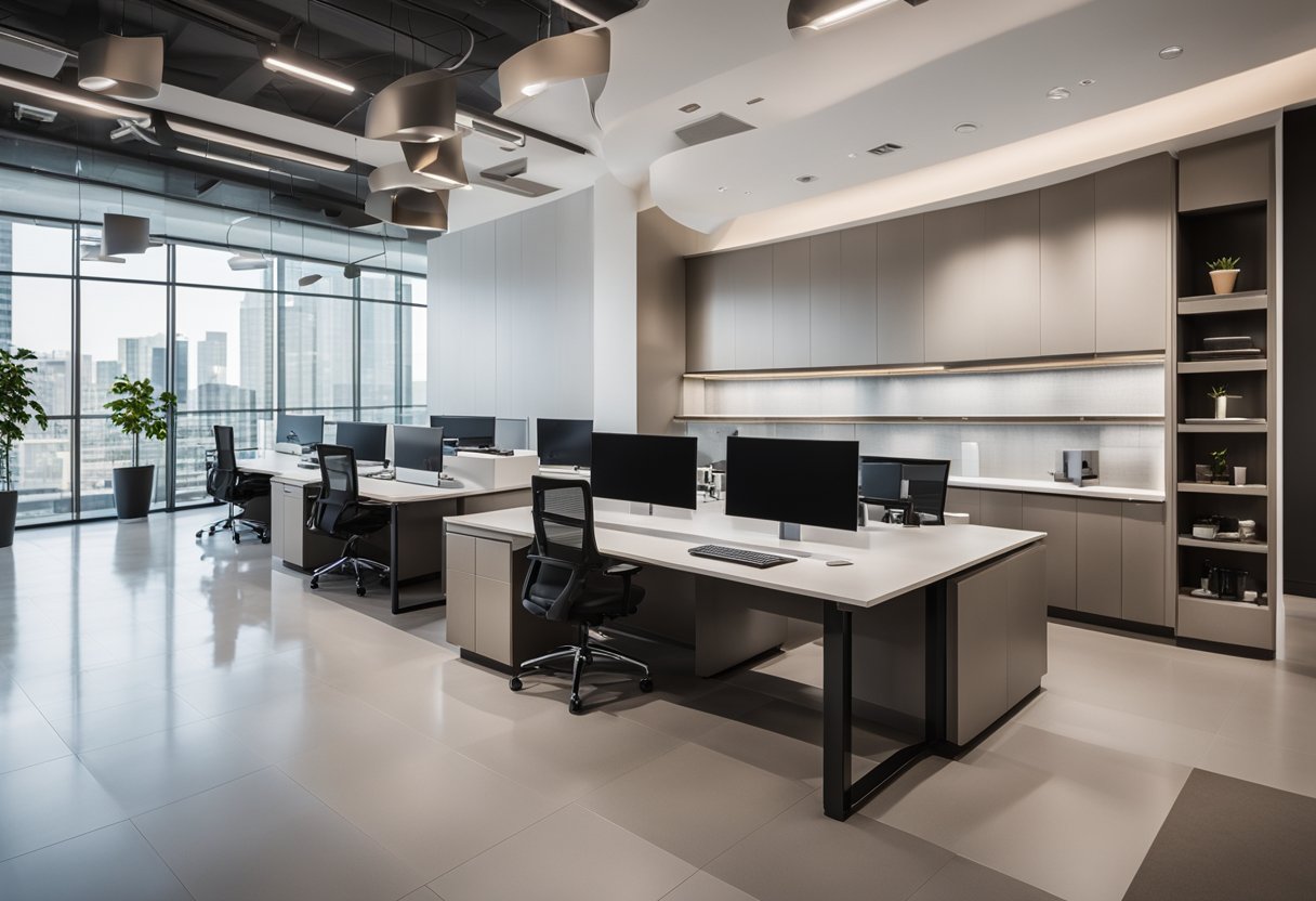 A sleek, modern commercial space with clean lines, neutral color palette, and strategic lighting to highlight the design elements