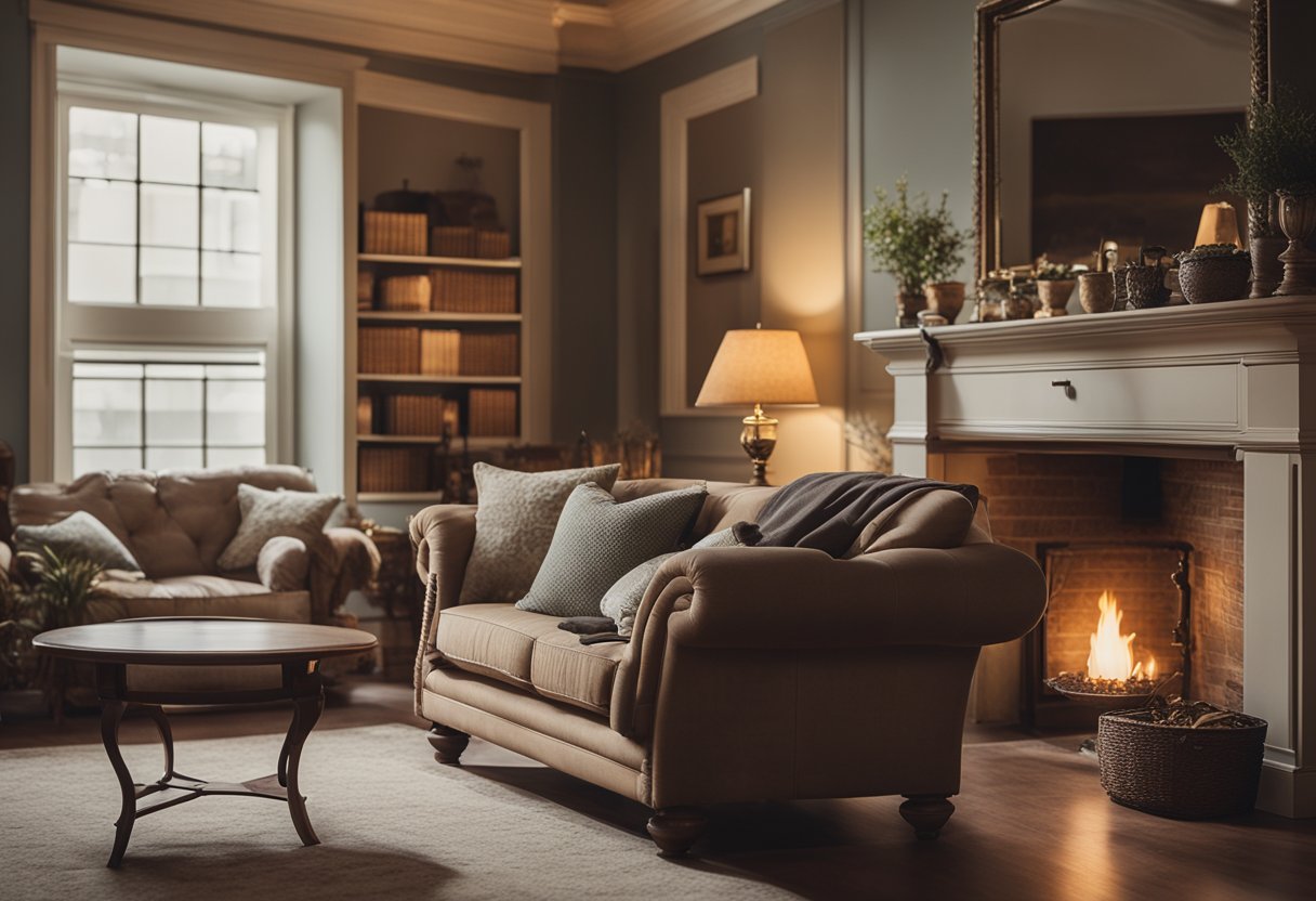 A cozy colonial interior with antique furniture, muted color palette, and ornate details. A fireplace crackles in the background, casting a warm glow over the room