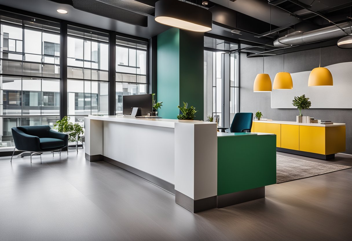 A modern, sleek office space with clean lines, vibrant pops of color, and comfortable seating areas. A reception desk with a professional yet welcoming atmosphere